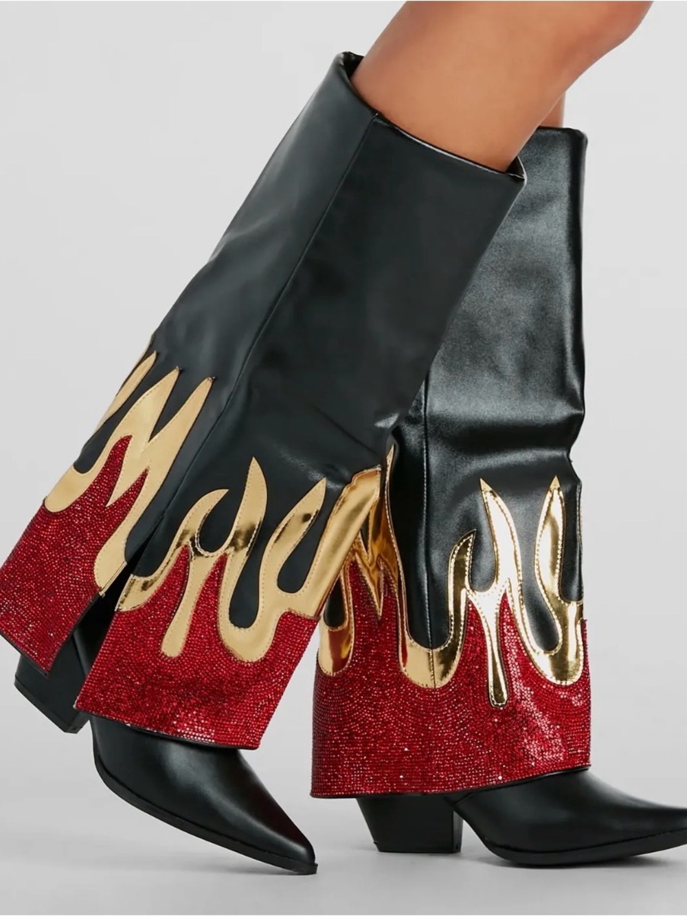 Black, Gold & Red Flame-Accent Knee Boots